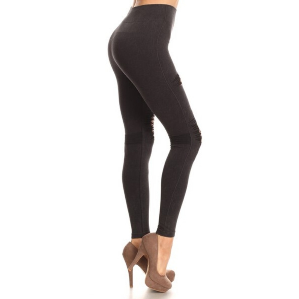 Lady's Distressed Vintage Washed Leggings Black - Picture 2 of 5